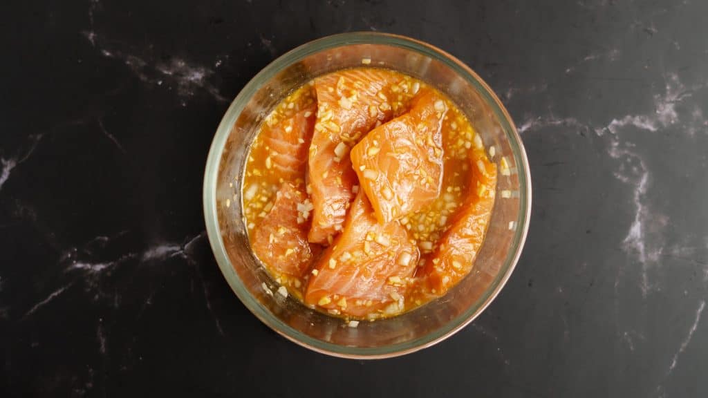 Salmon marinated in teriyaki sauce, ginger and garlic