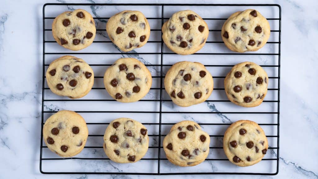 Chocolate chip cookies on a cooling rack