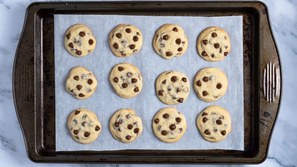 Chocolate chip cookies on a baking tray