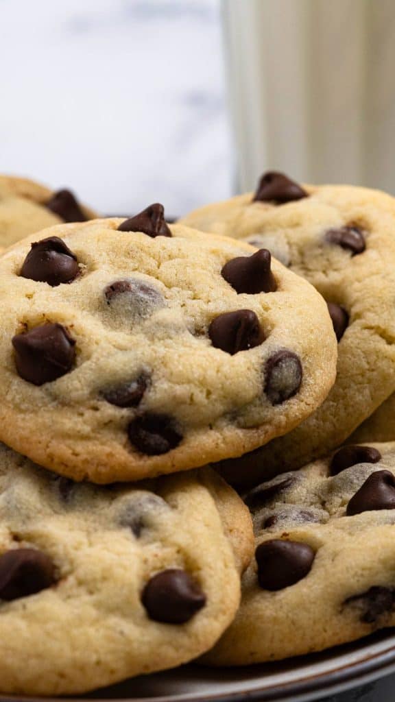Chocolate chip cookies with a glass of milk