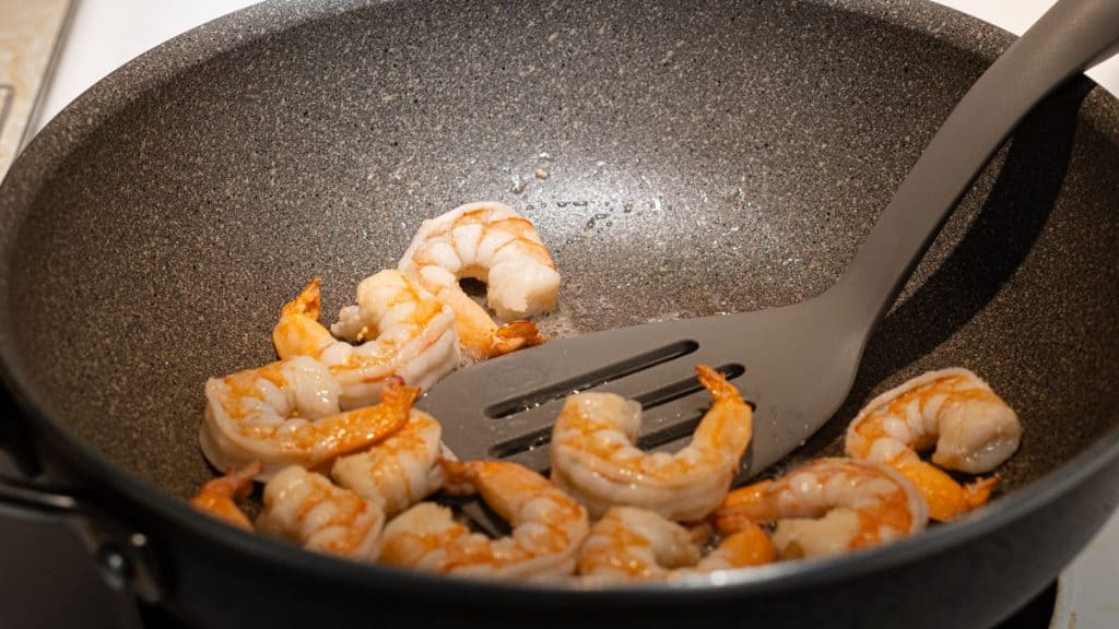 Cooking shrimp in a large sautee pan