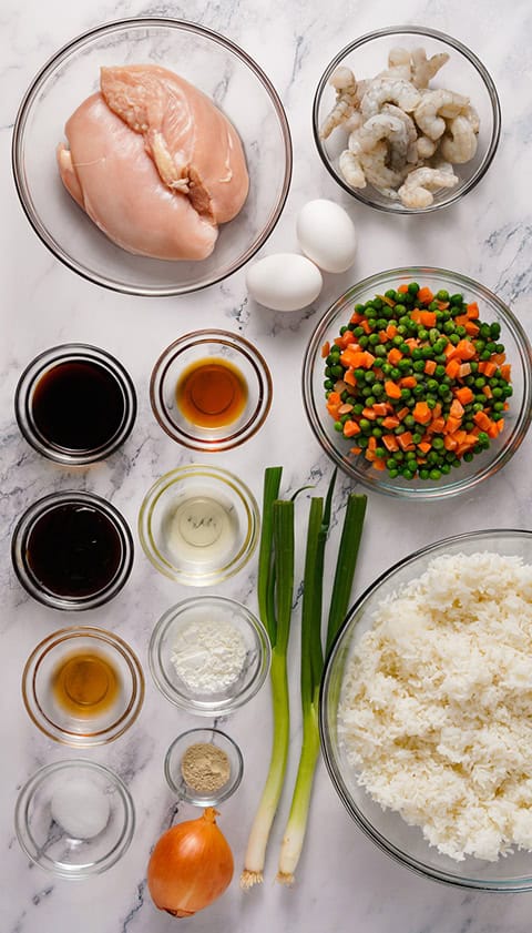 Ingredients for shrimp and chicken fried rice