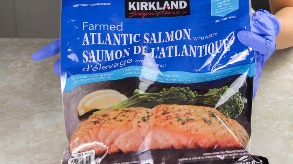 A package of Kirkland brand frozen farmed Atlantic salmon