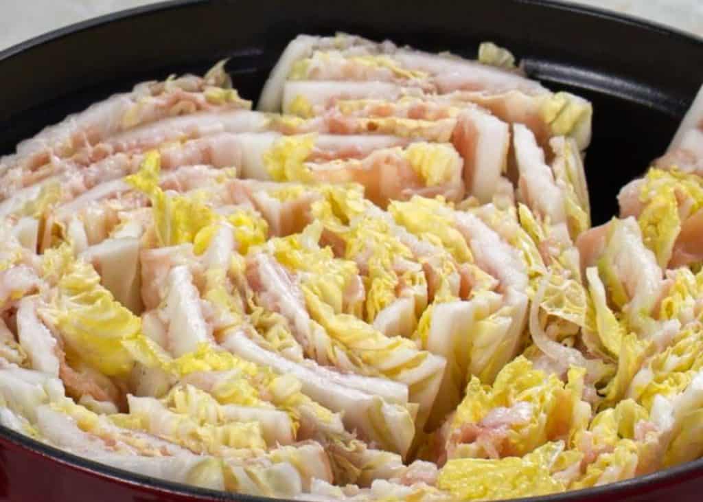 Mille feuille nabe with napa cabbage and pork belly in a Dutch oven