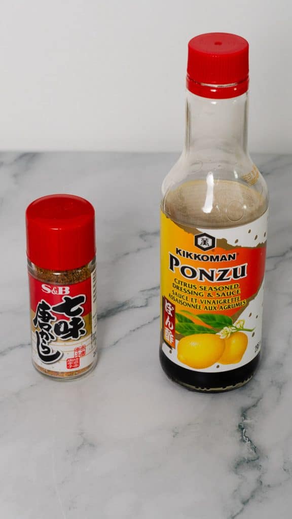 Bottles of ponzu sauce and shichimi togarashi