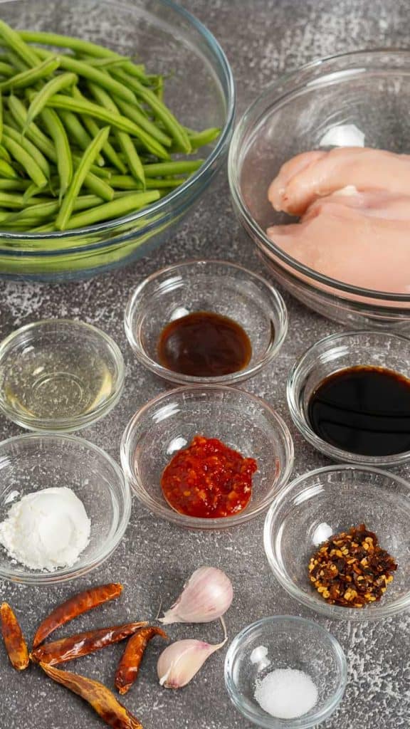 Ingredients for spicy chicken and green beans stir fry