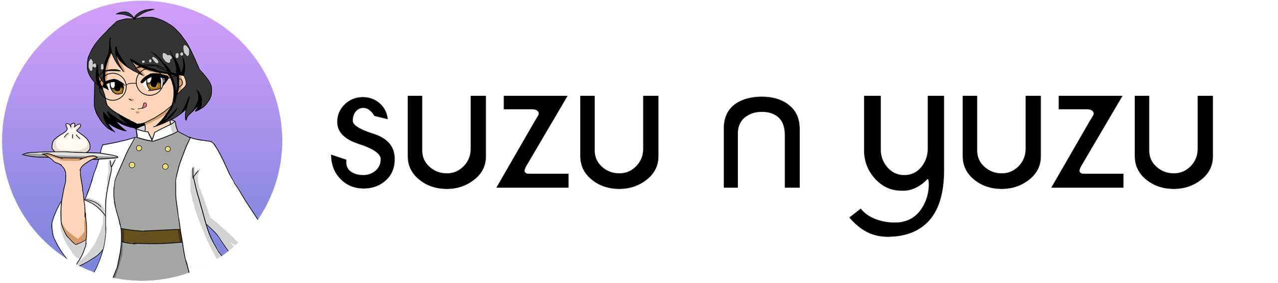 suzu n yuzu logo with anime girl in a lab coat holding a bun