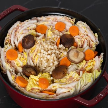 Mille Feuille Nabe with napa cabbage, shiitake mushrooms, carrots, and pork belly