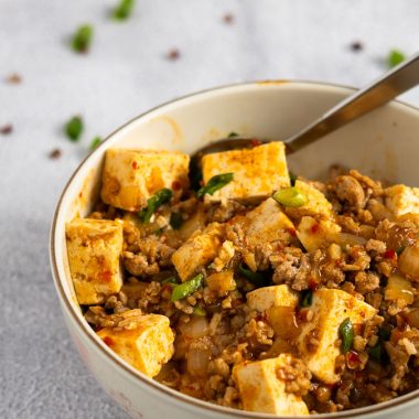 Spicy mapo tofu with diced tofu and ground pork in a bowl