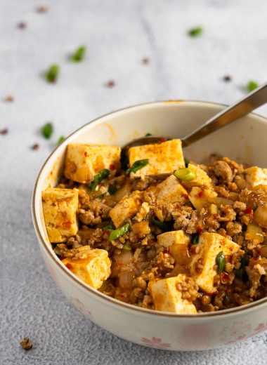 Spicy mapo tofu with diced tofu and ground pork in a bowl